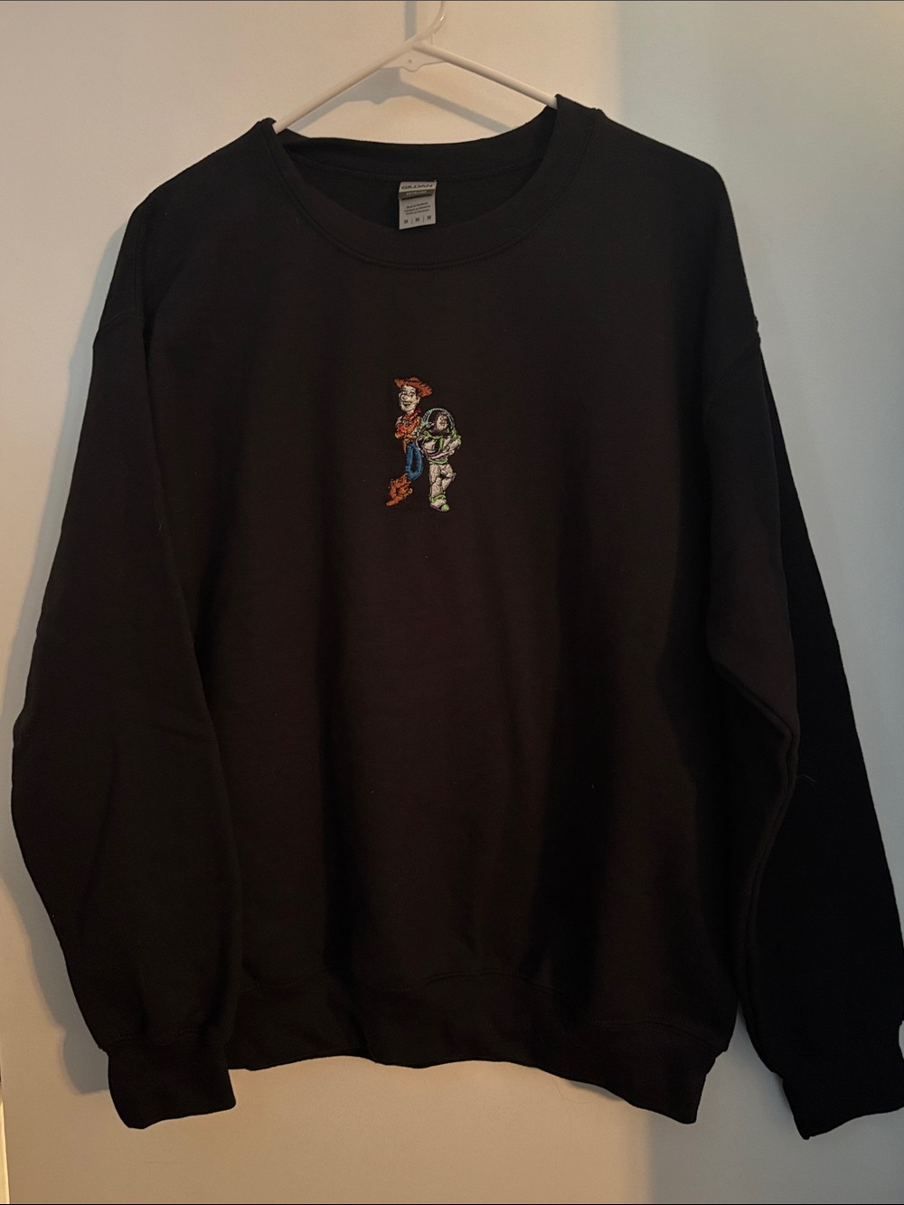 Black Men's Crewneck Sweatshirt with Embroidered Toy Characters
